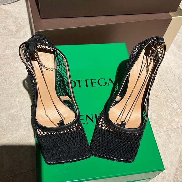 Shoes | Bottega Venetta Stretch Fishnet In Black With Gold Chain | Poshmark